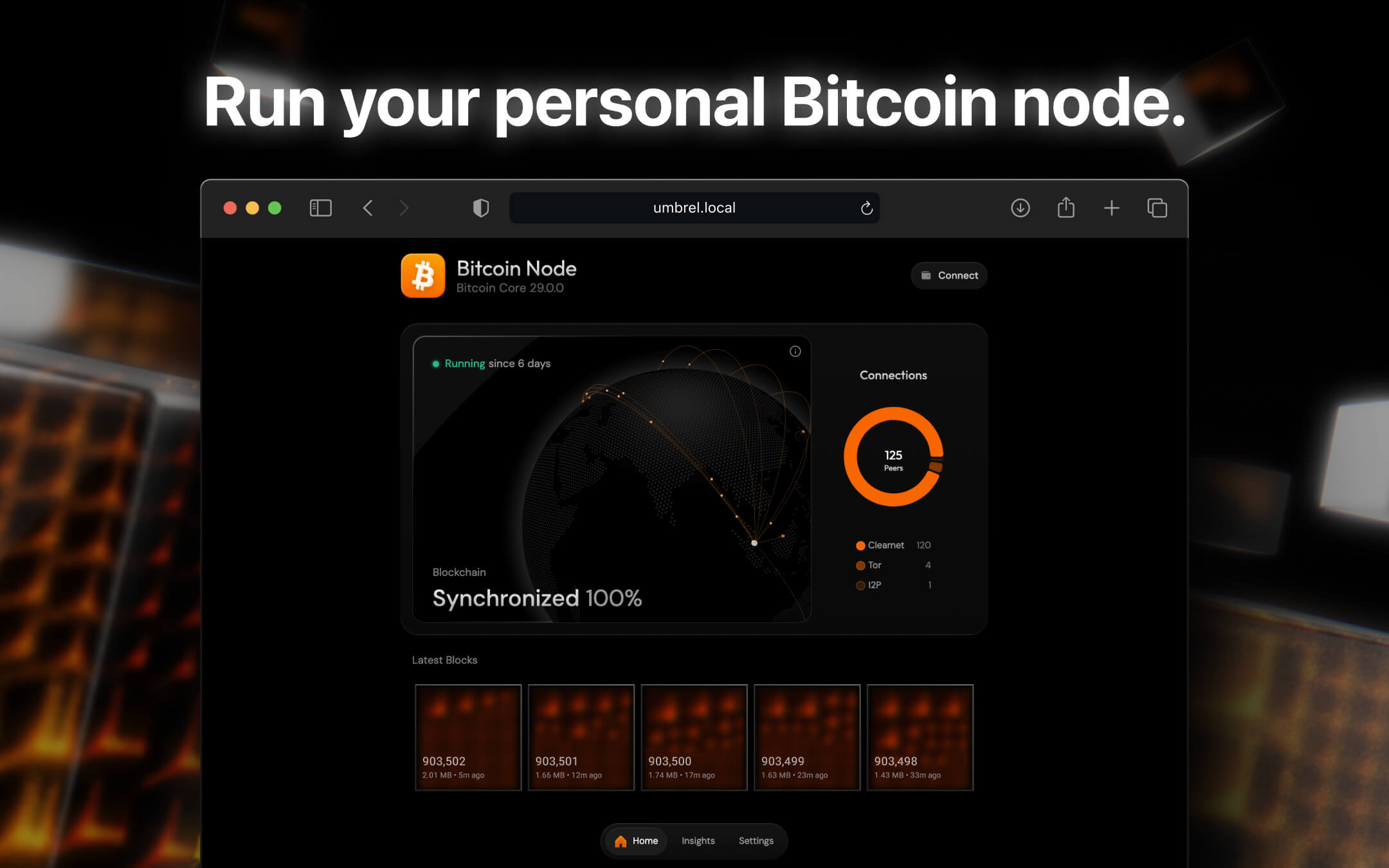 Umbrel's Bitcoin Node app, fully synchronized: block height, peers and latest blocks