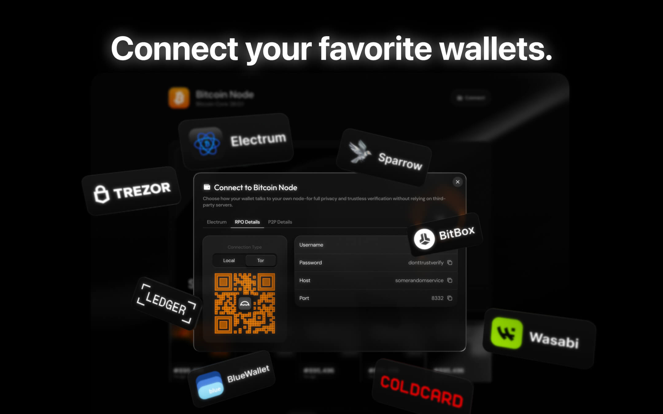 The Connect panel of Umbrel's Bitcoin Node app showing RPC username, password, host and port