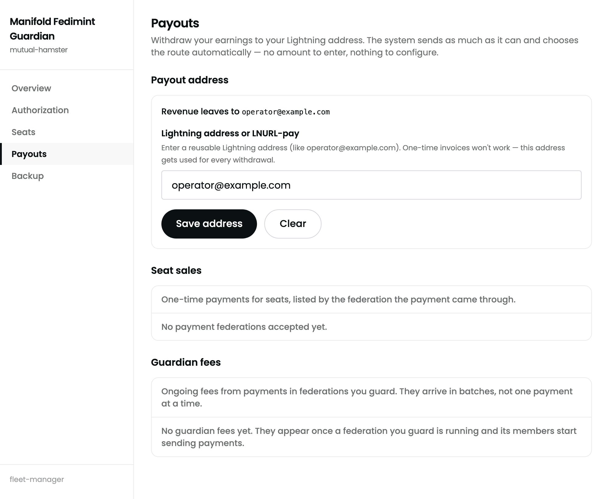 Payouts page: payout destination, seat sales sweep, guardian fee collect and send