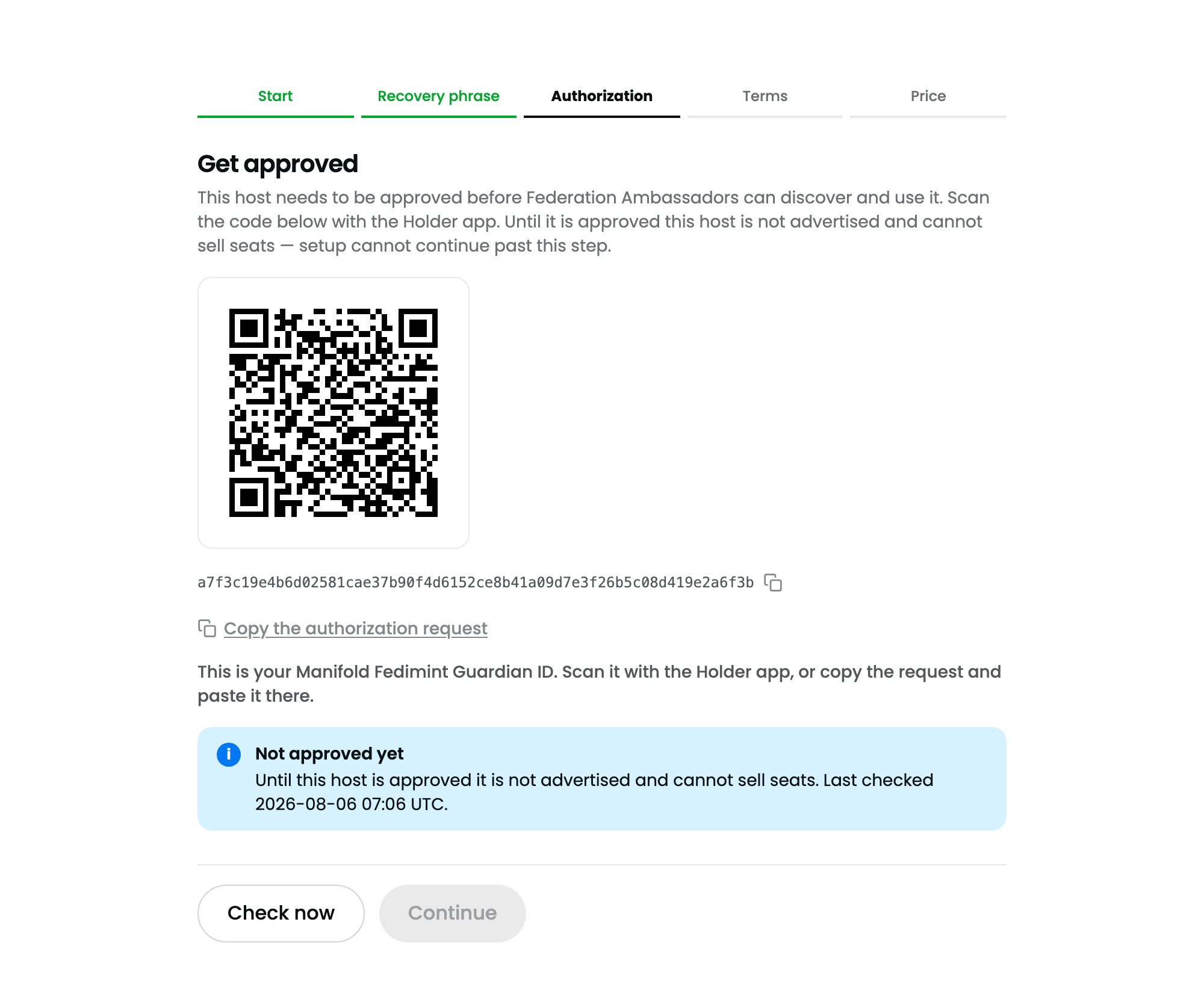 Setup screen 3: QR code and service Nostr public key, waiting for a holder authorization