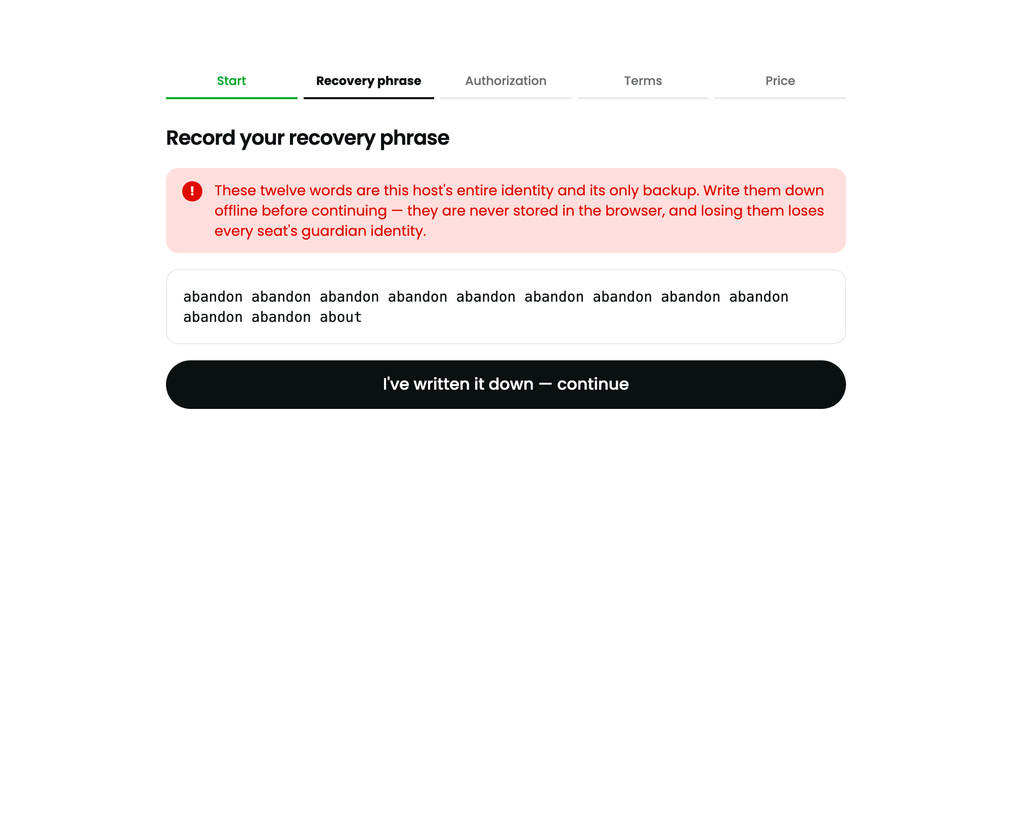 Setup screen 2: the twelve word recovery phrase
