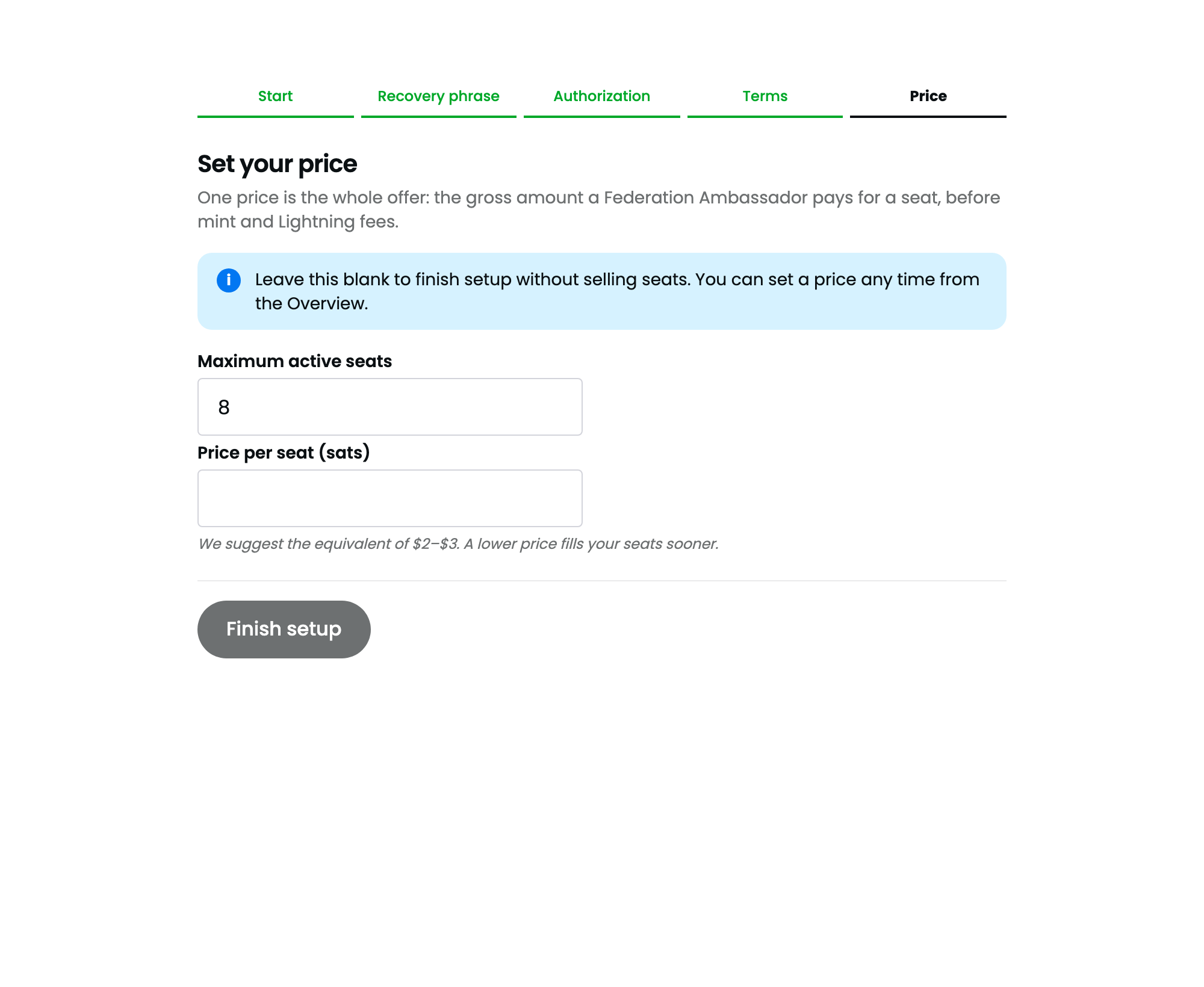Setup screen 4: maximum active seats and price per seat