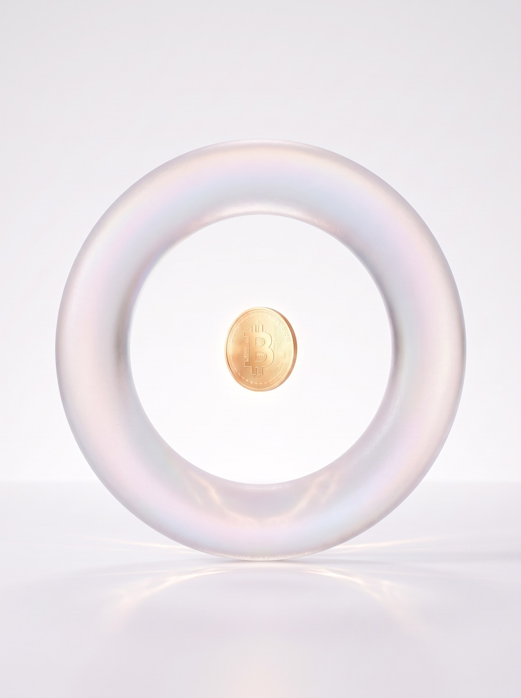 A gold bitcoin coin floating in the open centre of a frosted glass ring