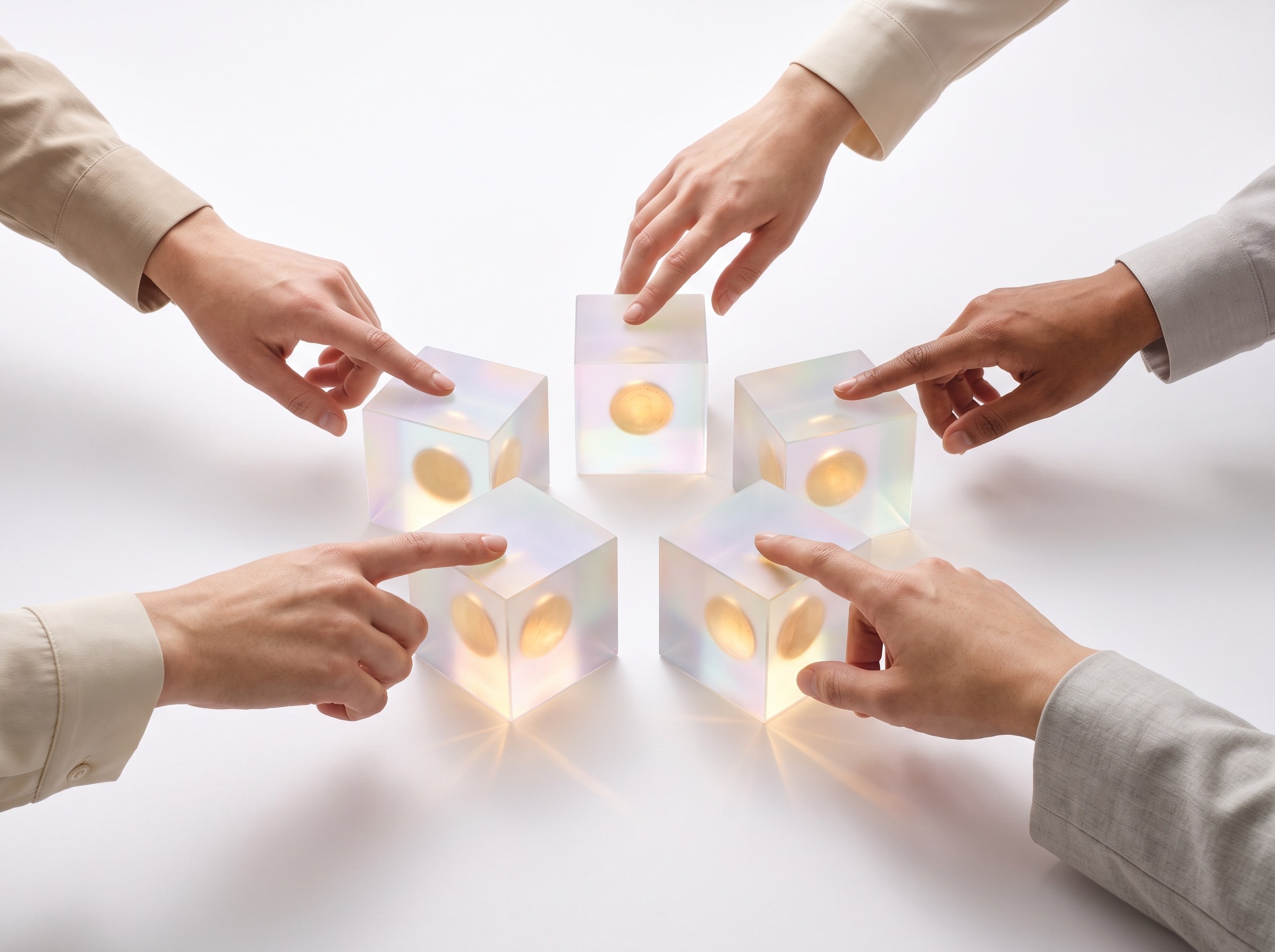 Five hands each resting a fingertip on one of five frosted glass blocks holding gold coins